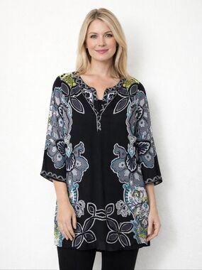 HALE BOB Black Floral Print 3/4 Sleeve Tunic Dress Boho Size Medium
